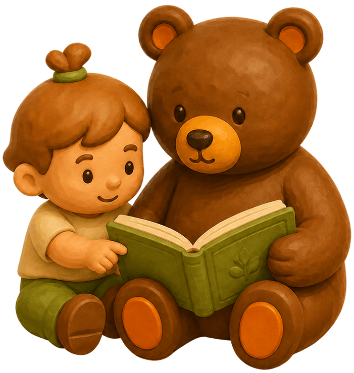 Child reading a book with a teddy bear