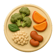 Balanced meal with vegetables, fruit, grains and protein