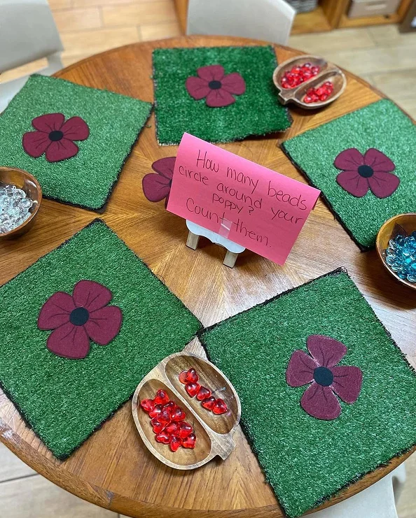 Learning Together Childcare poppy-themed bead counting activity